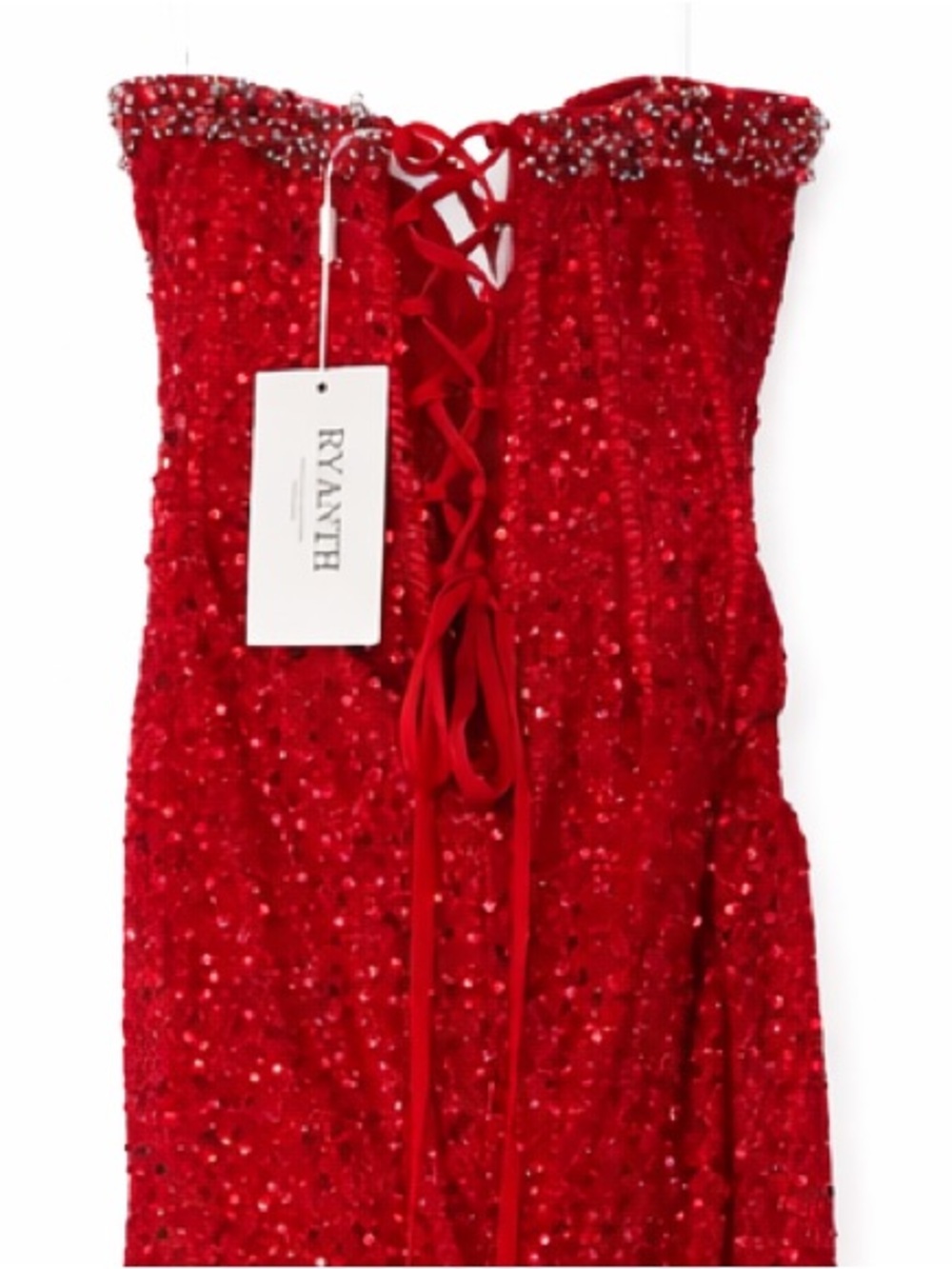 Red Sequin Strapless Corset GownđĽ Beaded Slit Train Prom Wedding Guest - Picture 7 of 8